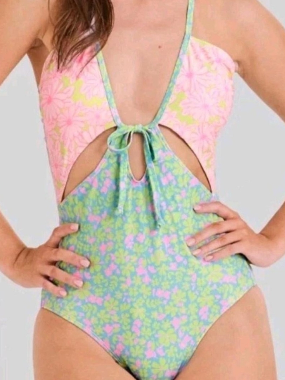 Kohl's Junior Floral Cutout One-Piece Swimsuit in Pink & Green